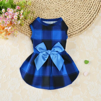 Christmas Plaid Pet Clothes Small Dog Cat Dress Bow Tie Fancy Skirt Costume US ∂ - Image 1 of 4