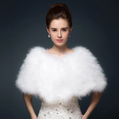 Women Real Ostrich Feather Fur Shawl Wraps Cape White Bride Wedding Party - Image 1 of 4