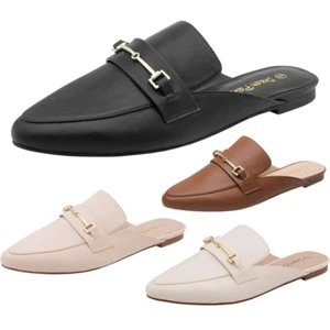 Women's Flat Mules Buckle Pointed Toe Backless Slip on Slides Loafer Size 5-11 - Picture 1 of 8