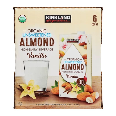 Kirkland Signature, bebida orgánica de almendras, vainilla, 32 fl oz, 6 unidades Foto 1 de 4