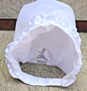 Bonnet - Baby Hat - White Satin with Ruffles Under Chin Closure - 6 to 12 Months