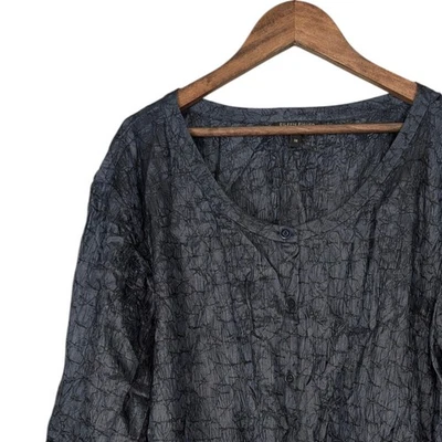 Camisa Eileen Fisher Mujer Azul Gris 100% Seda Arrugada Texturizada Botón Talla 3X Foto 1 de 4