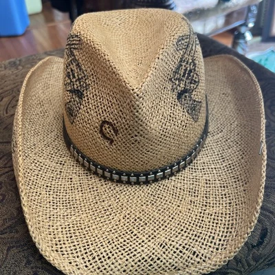 RARE guns blazing CHARLIE HORSE Straw Cowboy Hat Natural printed Band HTF small - Image 1 of 4