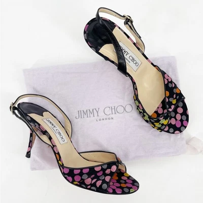 Jimmy Choo Vintage Y2K Black Polka Dot Satin Slingback Peep Toe Heels IT 36.5 - Image 1 of 4