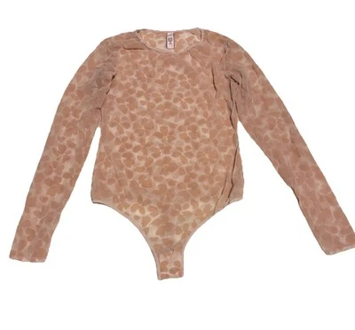 Victoria’s Secret long sleeves mesh/ velvet Peach  pink body suit size M - Image 1 of 4