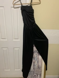 Vintage 70er schwarz Satin Einteiler Jumpsuit weites Bein ärmellos Gr. XS 2-3 - Bild 1 von 12
