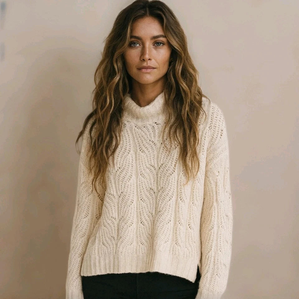 J. Suéter feminino Crew marfim malha de cabo tecido aberto pescoço simulado mistura de alpaca tamanho M - Imagem 1 de 4