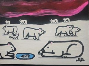 Beautiful Hika Wagner "Polar Bears" 9" x 7" Canadian Folk Art, Unframed - Picture 1 of 2