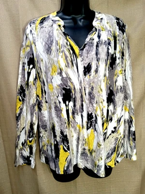 RELATIVITY - BLOUSE - Size Large - Yellow, Black Grey, Long Sleeve, V-Neck, Top - Image 1 of 4