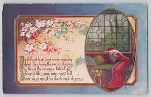 Cherry Blossoms Woman at Window Inspirational Verse 1911 Postcard Embossed - Picture 1 of 3