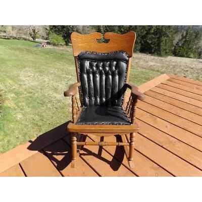 Antique Oak Childs Rocking Chair Tufted Leather Back - Image 1 of 4