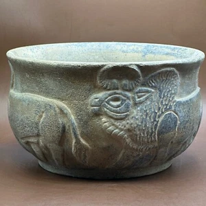 LARGE ANCIENT JIROFT CHLORITE RITUAL VESSEL STONE CARVED SCENES OF ANIMALS BOWL - Picture 1 of 15