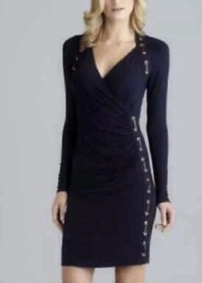 Vestido Carmen Marc Valvo Azul Marino Imitación Cuero Acentos Con Cordones Fruncido Cuello en V L Foto 1 de 4