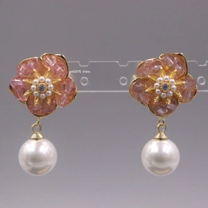 Real925 Sterling Silver Pin Natural Pearl Pink Crystal Flower Earrings Drop Gift - Picture 1 of 5