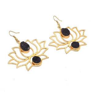Lotus Druzy Earrings Women's Gift Gold Plated Fashion Jewelry 2" d365 - Picture 1 of 5