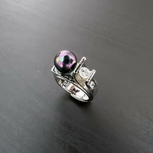 Fashion Faux Black Pearl White CZ Chunky Silver Plated Large Ring sz8