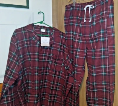 JUEGO DE 2 PIEZAS PIJAMA FRANELA HOMBRE XL, ROJO VERDE CUADROS 100% ALGODÓN, ABOTONADO NUEVO CON ETIQUETAS Foto 1 de 4