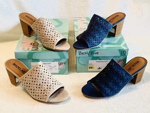 Madeline Girl Women's Bestie Open Toe Faux Suede Block Heel Shoe Sandal BLUE/TAN - Picture 1 of 11