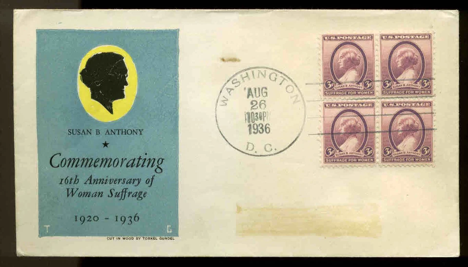 #784 BLOCK of 4 ANTHONY FDC WAHINGTON, DC  PLANTY #P8 TORKEL GUNDEL CACHET - Image 1 of 1