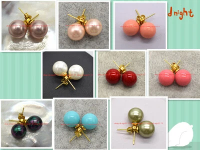 8/10/12/14mm Natural Multicolor Shell Pearl Round Beads Gold Stud Earrings - Image 1 of 4