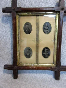1800's Children TIN TYPE PHOTOS in VICTORIAN EASTLAKE FOLK ART FRAME - Picture 1 of 5
