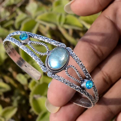 Labradorite Blue Topaz Gemstone Cuff Bracelet 925 Sterling Silver Man's Jewelry - Image 1 of 4