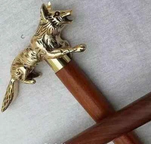 Wooden Walking Stick With Brass Wolf Head Handle Vintage Antique Victorian Cane - Picture 1 of 4