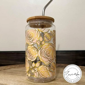 Roses and Gold Libbey Sipper Glass, Flower Glass Beer Can Coffee Cup Pink Floral - Imagen 1 de 8