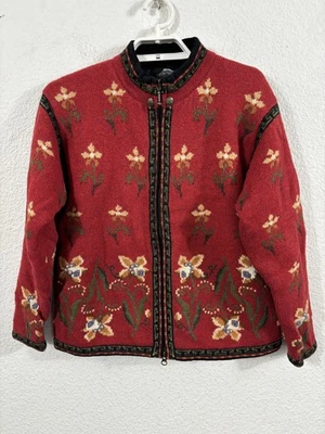 Icelandic Design Sweater Jacket Womens Small Red Wool Lined Floral Nordic - Image 1 of 4