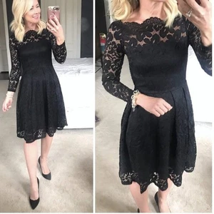 Missmay Vintage Black Floral Lace Long Sleeve Boat Neck Cocktail Party Dress XL - Picture 1 of 16