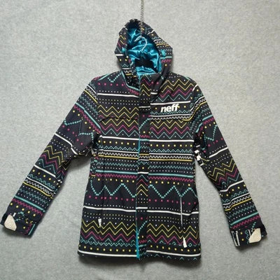 NEFF Womens Medium Softshell Snowboard Jacket Black Multicolor Aztec Hooded Ski - Image 1 of 4