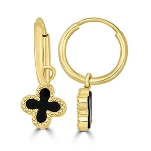 9K Yellow Gold Black Onyx Clover Huggie Earrings - Picture 1 of 1