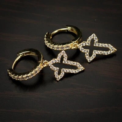 Мужские позолоченные серьги-кольца из чистого серебра с крестом и фианитами - Изображение 1 из 4