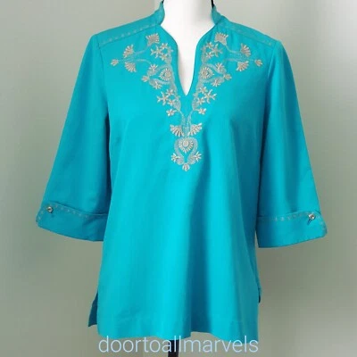 Etcetera 金色刺绣绿松石上衣丝绸混纺女式 4 码波西米亚 — 第 1/4 张图片