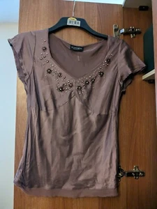 Principles Petite Ladies Purple 100% Silk Embellished Short Sleeve Top Size 14  - Picture 1 of 5