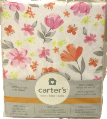 Sábana bajera ajustada Carter's FLORAL para cuna/niño pequeño jardín flor rosa naranja amarillo Foto 1 de 2
