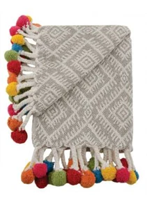 Grey Geometric Throw Recycled Cotton Throws Multi Colour Pom Pom 125 cm x 150 cm - Picture 1 of 12