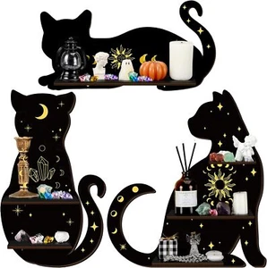 3Pcs Black Cat Crystal Display Shelf with Hanging Hooks Shelf Wall Home decor - Picture 1 of 2