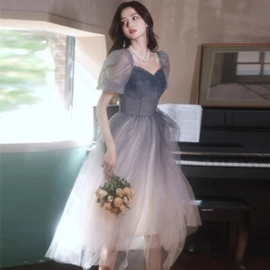 Lady Puff-Sleeve Mesh Crystal Dress Bling Fairy Gown Midi A-line Banquet Evening - Picture 1 of 16