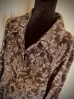 J Jill 1X Woman Duster Coat Jacket Brown Corduroy Floral Button Tapestry Baroque - Image 1 of 4
