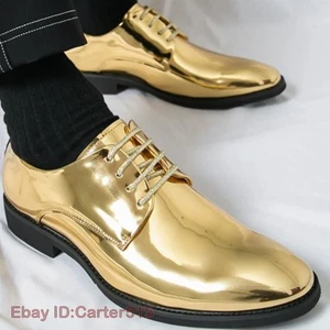 Men's Gold Silver Almond Toe Lace Up Formal Dress Party Wedding Shoes Block Heel - Picture 1 of 11