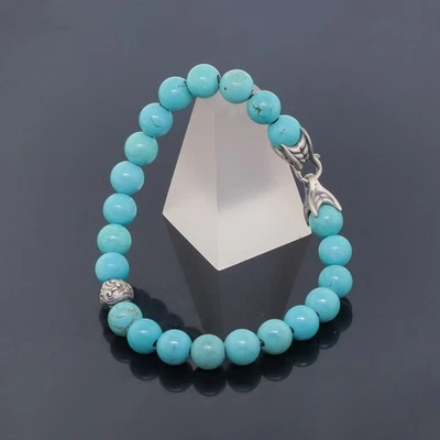 D Yurman Men 925 Silver Accent Wave 8MM Turquoise Spiritual Beads Bracelet 8" - Image 1 of 4