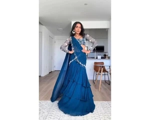 Blue Ruffle Ready To Wear Faux Georgette Lehenga Saree, Reception Party Saree - Picture 1 of 9