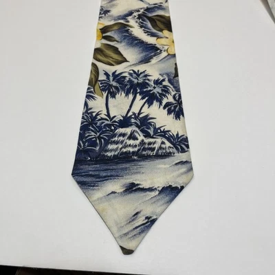 Corbata Hawaiana Vintage Tropical Plumeria Hibisco Palmeras Océano Olas Blanco Azul Foto 1 de 4