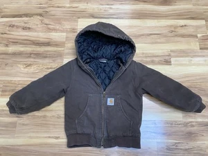Carhartt Kids Duck Canvas Jacket XXS (4/5) Insulated Hooded Quilted Zip Up Brown - Picture 1 of 3