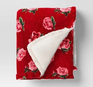Rose Printed Plush Throw with Faux Shearling Reverse Ruffled Trim Red -Threshold - Picture 1 of 5