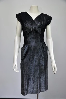 Vestido de fiesta vintage de lúrex plateado brillante y negro de los años 50 moño S Foto 1 de 4