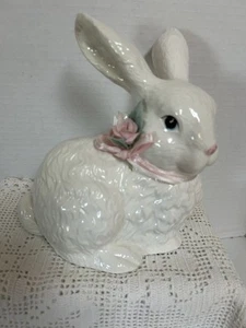 Vintage Porcelain White Pink Ear Blue Eyes Sitting Bunny Rabbit Easter 7.5” X 6” - Picture 1 of 8