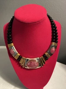Vtg FR Francesca Romana Black Onyx & Pink Quartz Gold-Plated Collar Necklace - Picture 1 of 10