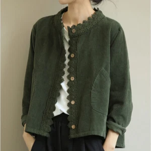 Lady Corduroy Coat Shirt Jacket Blouse Top Lace Button Loose Casual Retro Soft - Picture 1 of 14